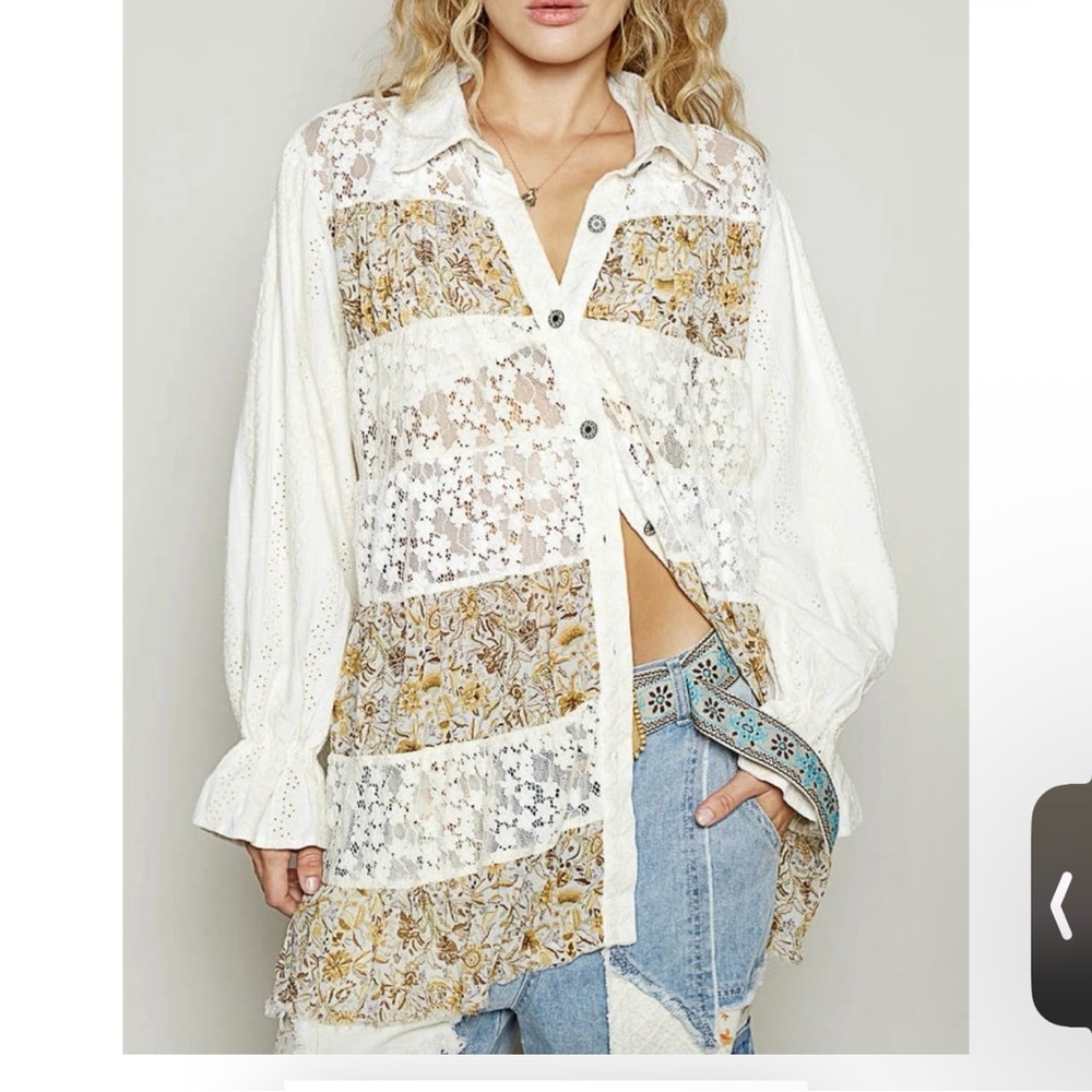 NEW - POL Off White Tiered Floral Patchwork Lace Button-Up Shirt/Shacket - Picture 2 of 3